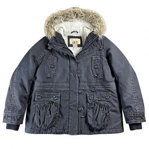 Y2K BKE Buckle Sherpa Lined Heavy Parka Faux Fur Trim Hood Women's Large Grey